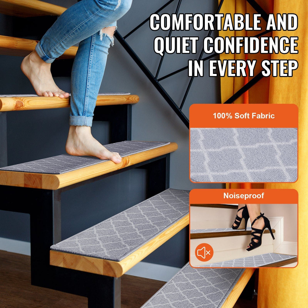 Stair Treads, Stairs Carpet Non Slip 9" x 28", Indoor Stair Runner for Wooden Steps, Anti Slip Carpet Soft Edging Stair Rugs Mats for Kids Elders and Dogs, 15 pcs, Light Gray