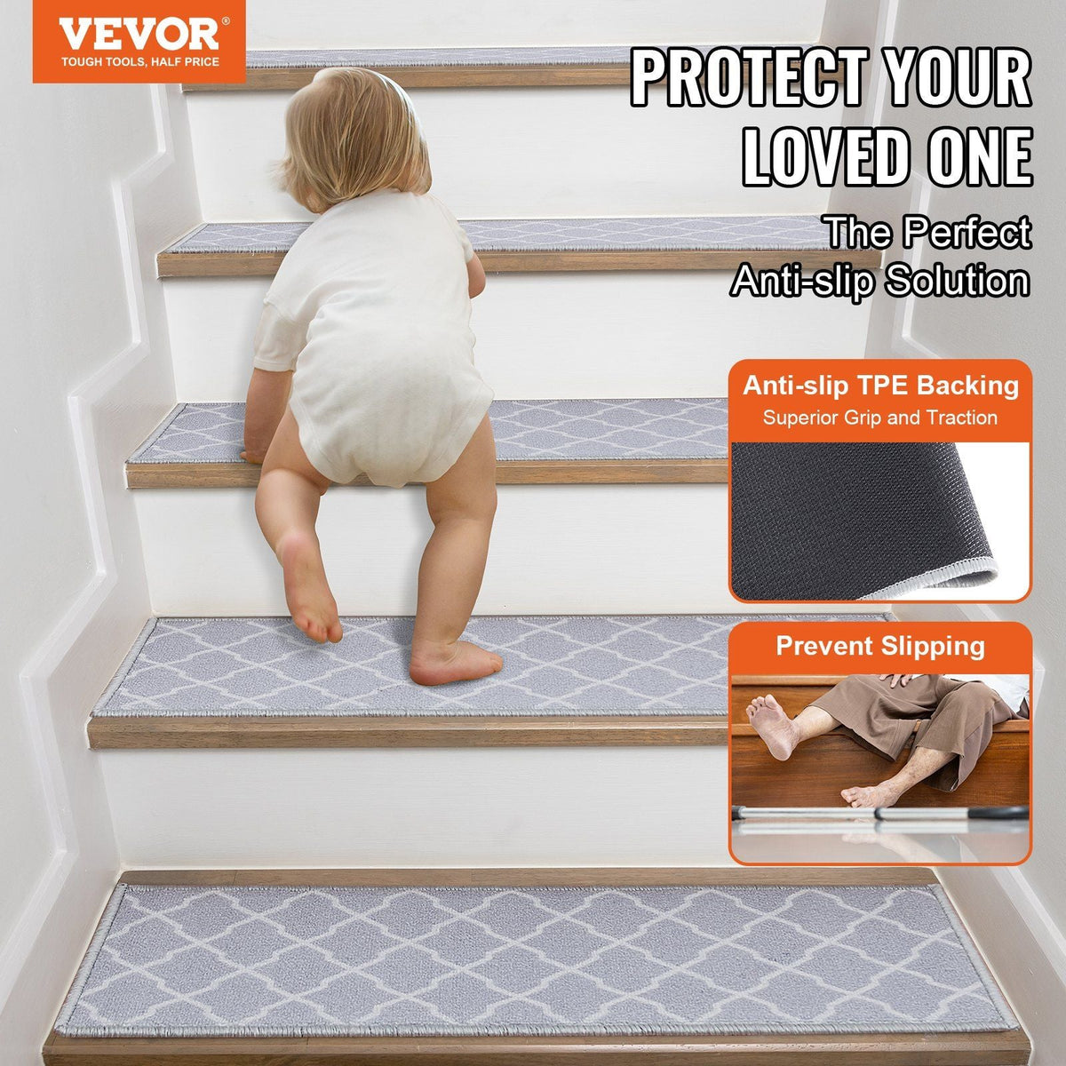 Stair Treads, Stairs Carpet Non Slip 9" x 28", Indoor Stair Runner for Wooden Steps, Anti Slip Carpet Soft Edging Stair Rugs Mats for Kids Elders and Dogs, 15 pcs, Light Gray
