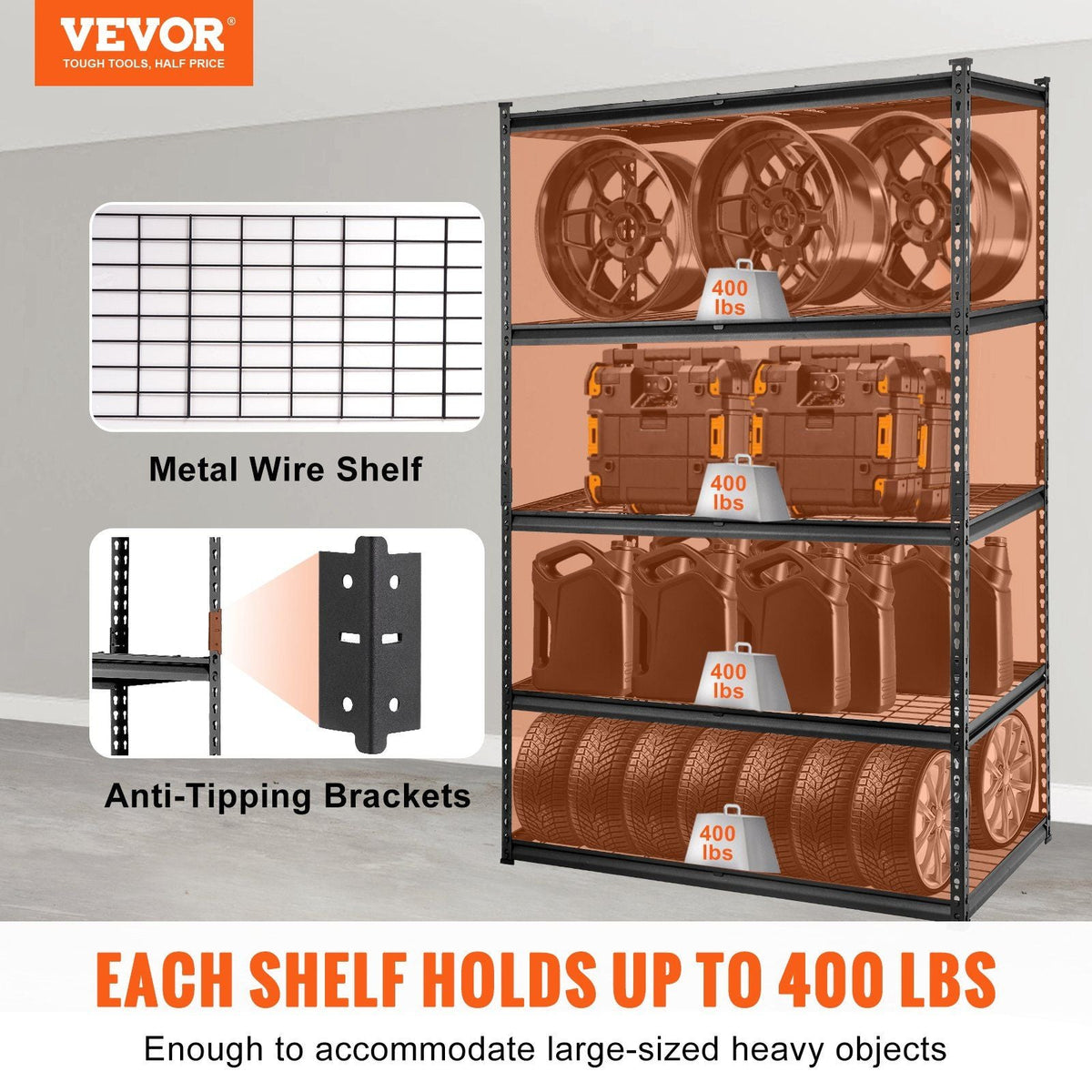 Storage Shelving Unit, 5-Tier Adjustable, 2000 lbs Capacity, Heavy Duty Garage Shelves Metal Organizer Wire Rack, Black, 48" L x 24" W x 72" H for Kitchen Pantry Basement Bathroom Laundry Closet