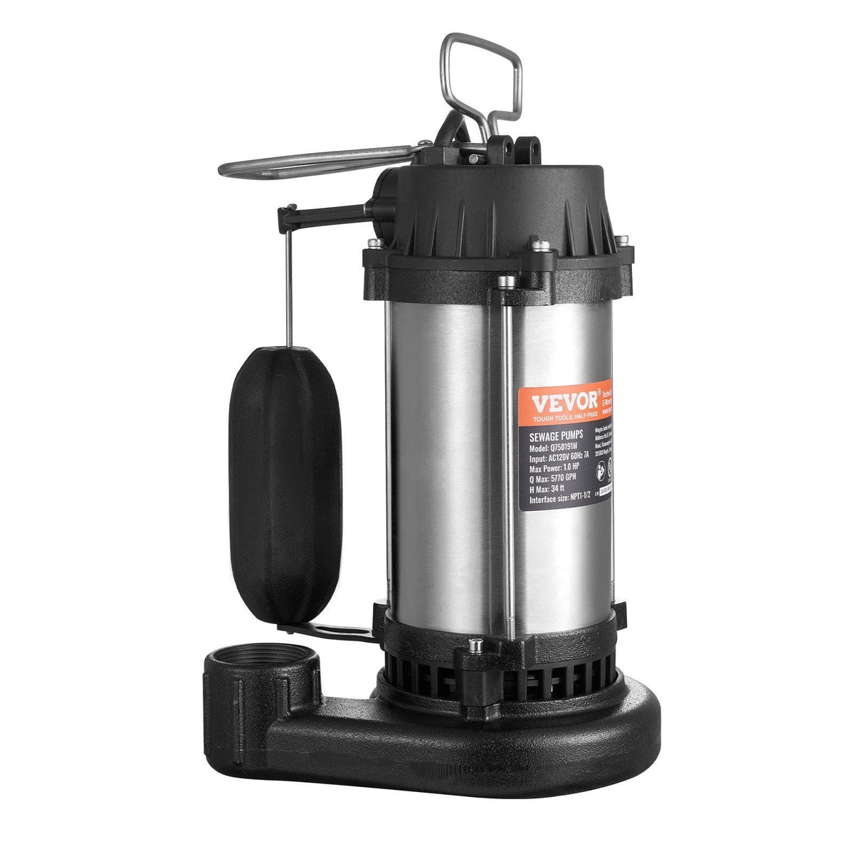 Submersible Sewage Pump Water Pump 1HP 5770GPH 34 ft Lift for Basement