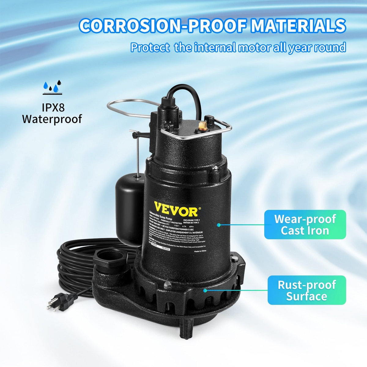 Submersible Sump Pump Water Pump 0.5/0.75/1/1.5 HP 66/72/93/98/100GPM Flow