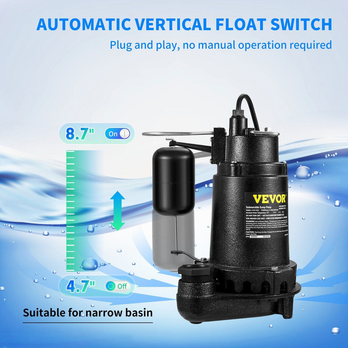Submersible Sump Pump Water Pump 0.5/0.75/1/1.5 HP 66/72/93/98/100GPM Flow