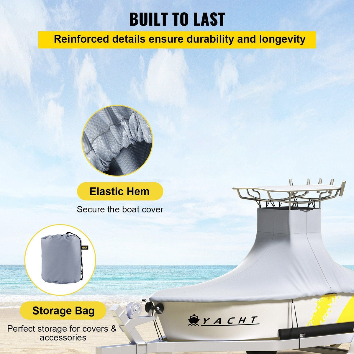 T-Top Boat Cover, Fit for 16'-18.5' Boat, Heavy Duty 600D Marine Grade Oxford Hard Top Cover, UV Resistant Waterproof Center Console Boat Cover w/ 2 Support Poles and 5 Wind-Proof Straps, Gray