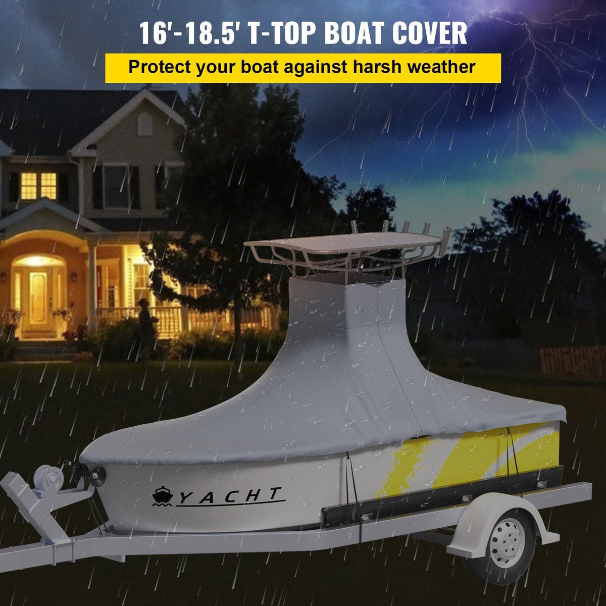 T-Top Boat Cover, Fit for 16'-18.5' Boat, Heavy Duty 600D Marine Grade Oxford Hard Top Cover, UV Resistant Waterproof Center Console Boat Cover w/ 2 Support Poles and 5 Wind-Proof Straps, Gray