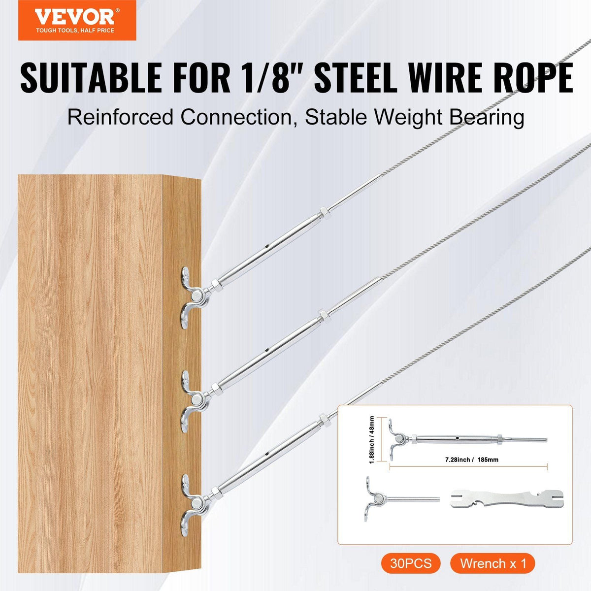 T316 Stainless Steel Adjustable Angle 1/8" Cable Railing Kit/Hardware for Wood Post, Marine Grade for 1/8"Wire Rope,0-180-Degree Angle & Easy Installation, Silver (30 Pack)