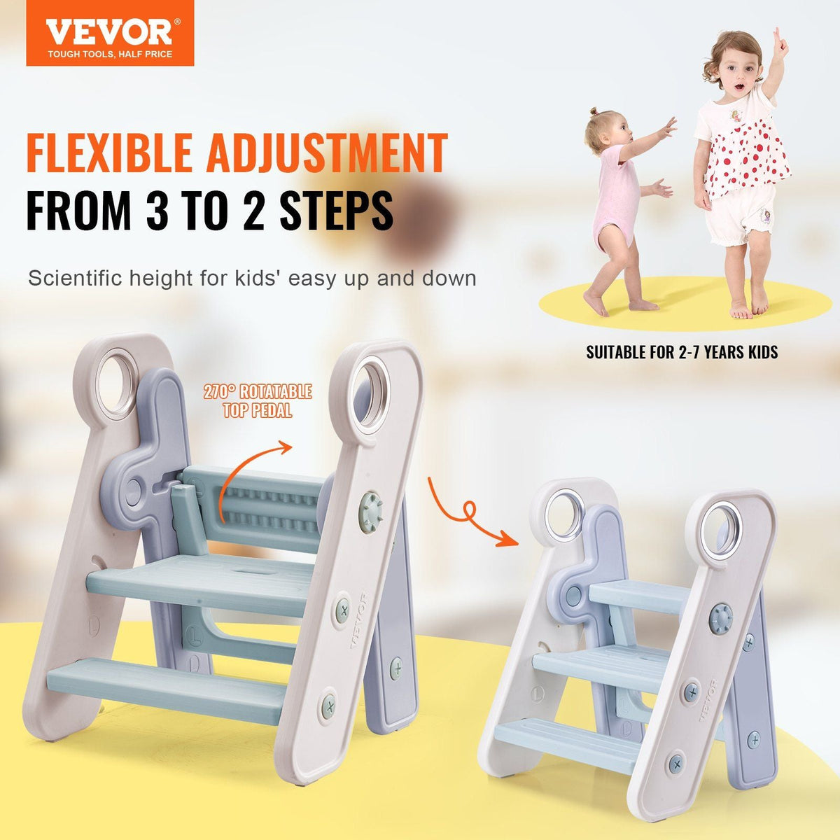 Toddler Step Stool, Adjustable 3 Step to 2-Step Kitchen Stool for Kids, Foldable Plastic Standing Tower Leaning Stool with Handles for Kitchen, Toilet Potty Training, Bathroom (Blue)