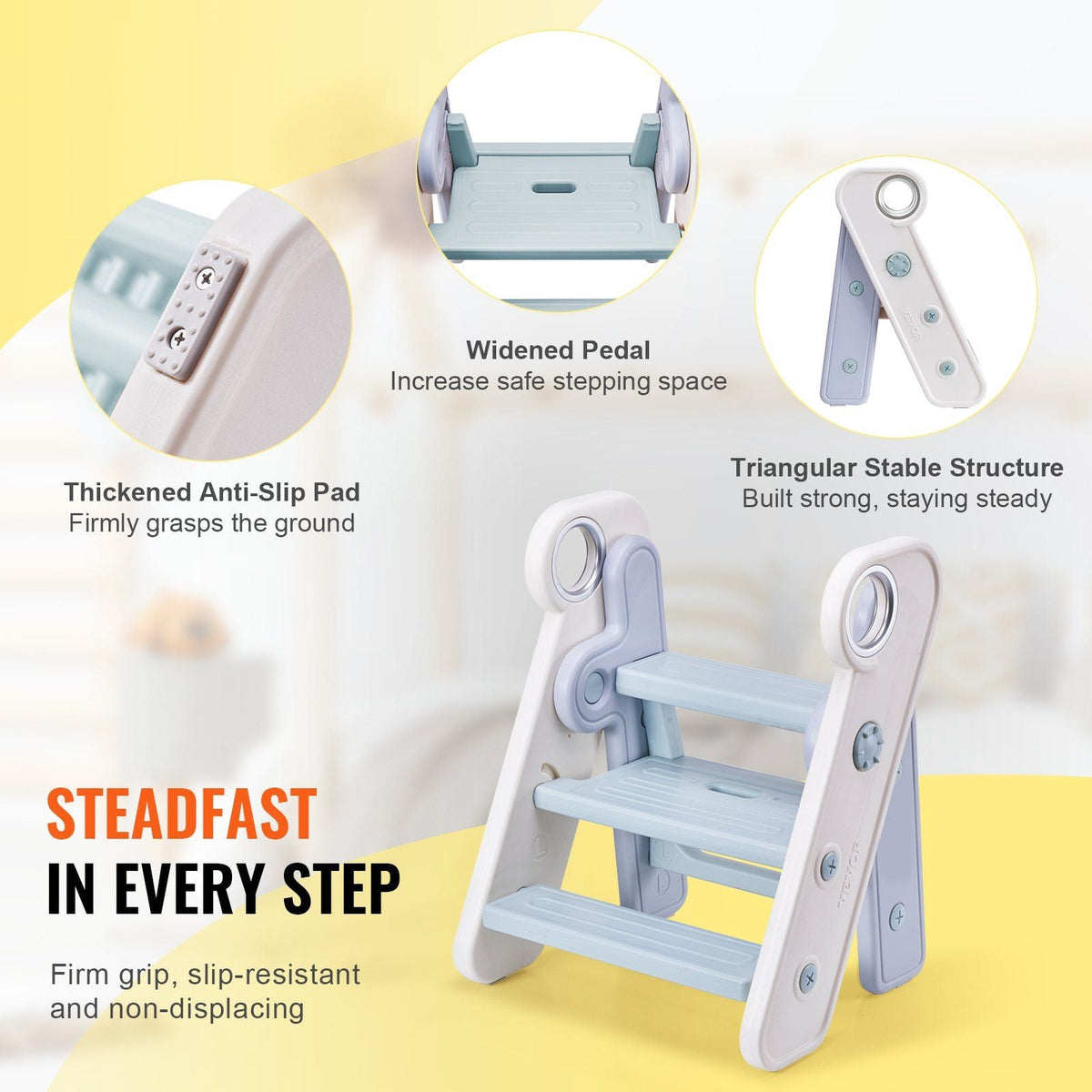 Toddler Step Stool, Adjustable 3 Step to 2-Step Kitchen Stool for Kids, Foldable Plastic Standing Tower Leaning Stool with Handles for Kitchen, Toilet Potty Training, Bathroom (Blue)