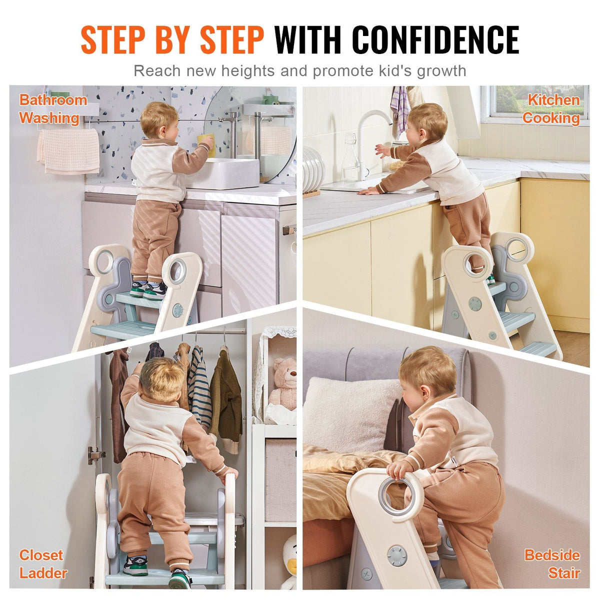 Toddler Step Stool, Adjustable 3 Step to 2-Step Kitchen Stool for Kids, Foldable Plastic Standing Tower Leaning Stool with Handles for Kitchen, Toilet Potty Training, Bathroom (Blue)