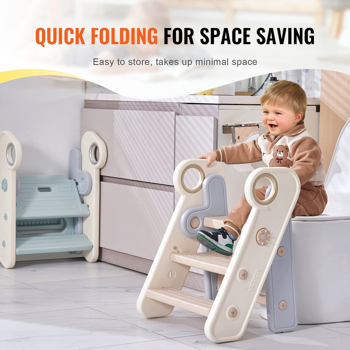 Toddler Step Stool, Adjustable 3 Step to 2-Step Kitchen Stool for Kids, Foldable Plastic Standing Tower Leaning Stool with Handles for Kitchen, Toilet Potty Training, Bathroom (Gray)