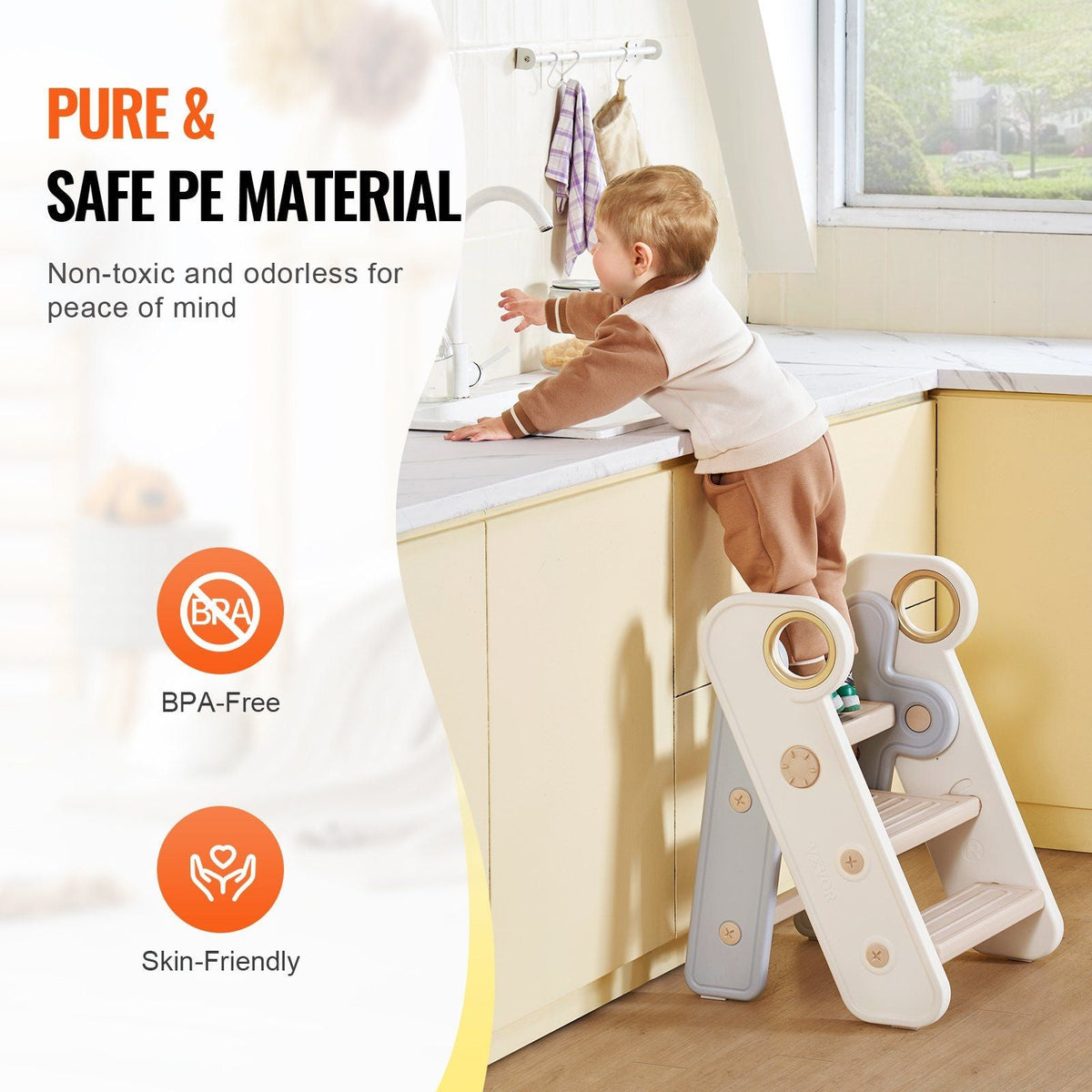 Toddler Step Stool, Adjustable 3 Step to 2-Step Kitchen Stool for Kids, Foldable Plastic Standing Tower Leaning Stool with Handles for Kitchen, Toilet Potty Training, Bathroom (Gray)