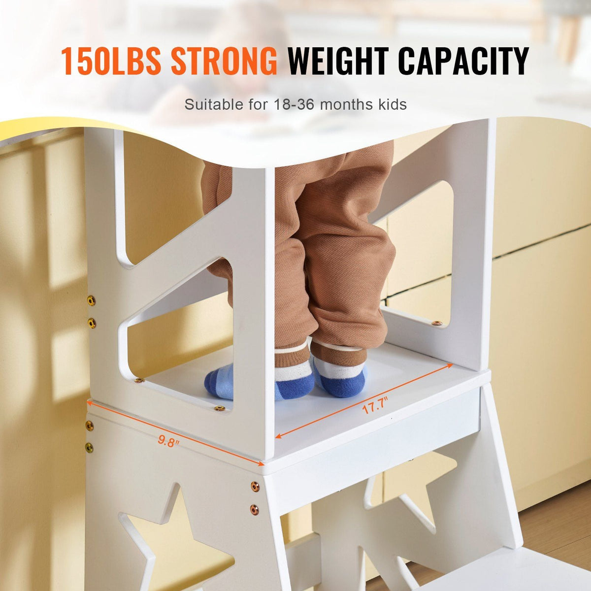 Toddler Step Stool, Natural Pine Wood Kids Kitchen Stool with Safety Rail, Standing Tower Learning Stool for Bedroom Bathroom Kitchen Counter, 150LBS Loading Capacity, White