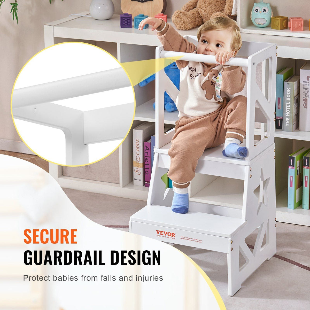 Toddler Step Stool, Natural Pine Wood Kids Kitchen Stool with Safety Rail, Standing Tower Learning Stool for Bedroom Bathroom Kitchen Counter, 150LBS Loading Capacity, White