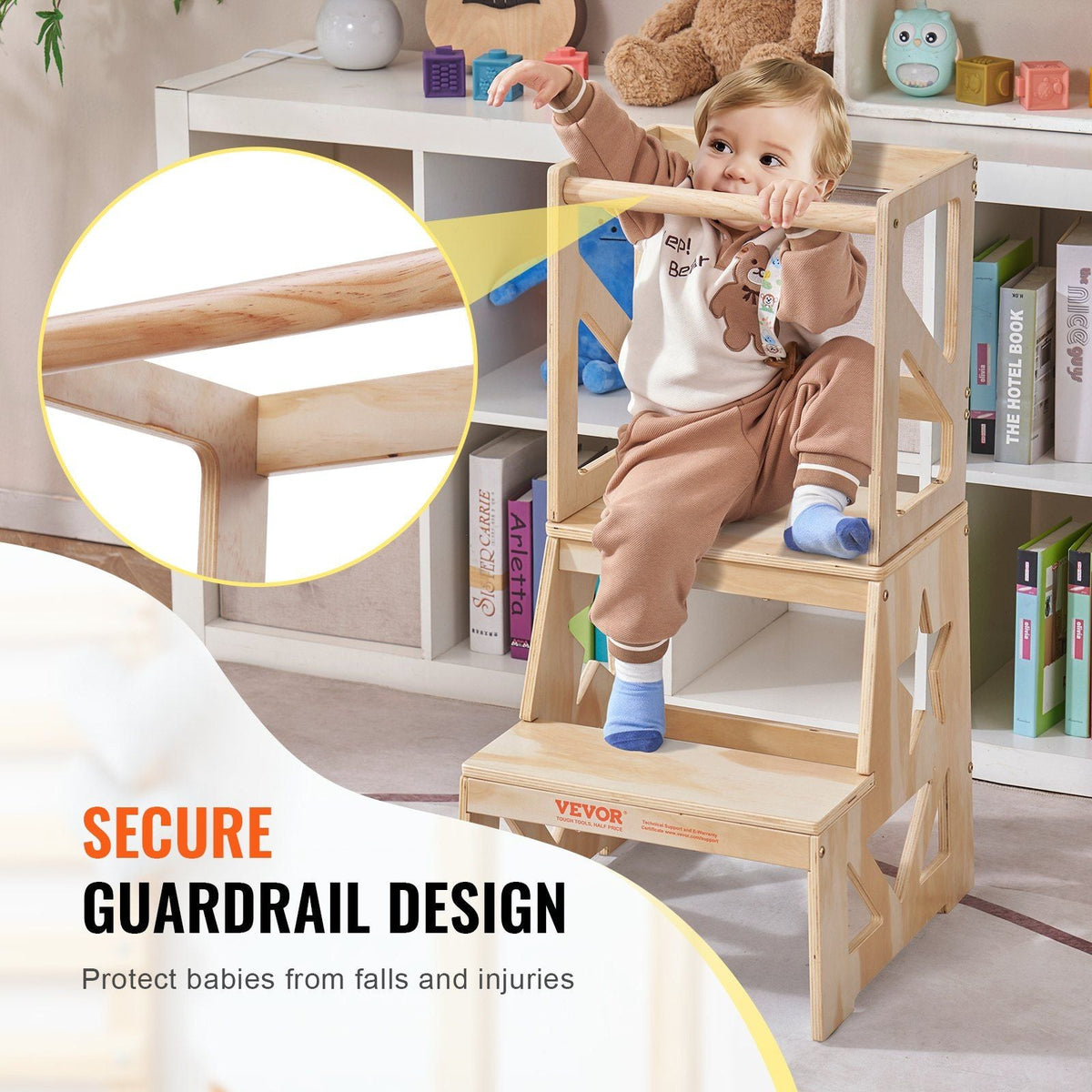 Toddler Step Stool, Natural Pine Wood Kids Kitchen Stool with Safety Rail, Standing Tower Learning Stool for Bedroom Bathroom Kitchen Counter, 150LBS Loading Capacity