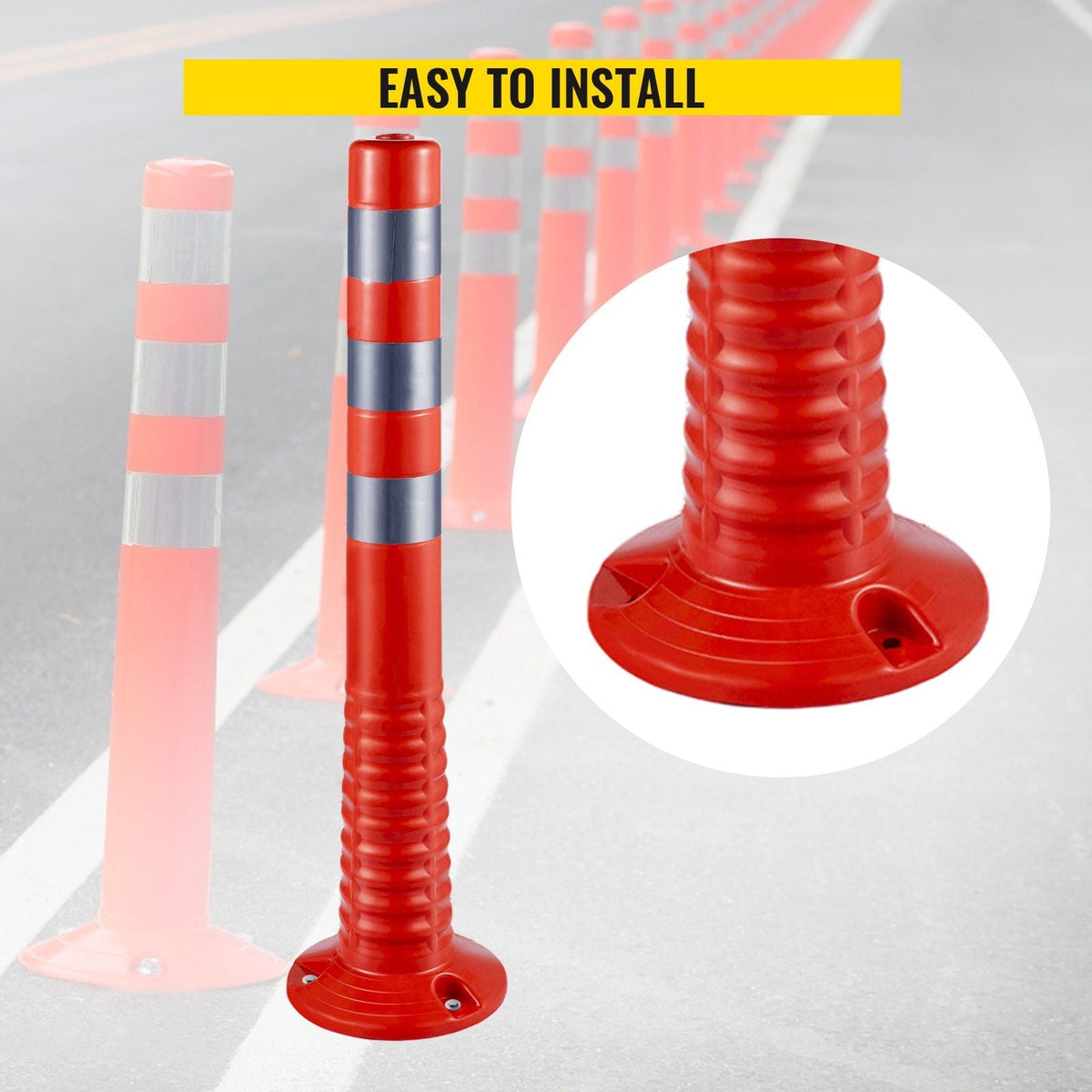 Traffic Delineator, 6 PCS Posts Channelizer Cone, Delineator Post Kit 30' in Height, PU Traffic Post, Orange Safety Cones, Portable Spring Posts with Base, Barrier Cones with Reflective Bands