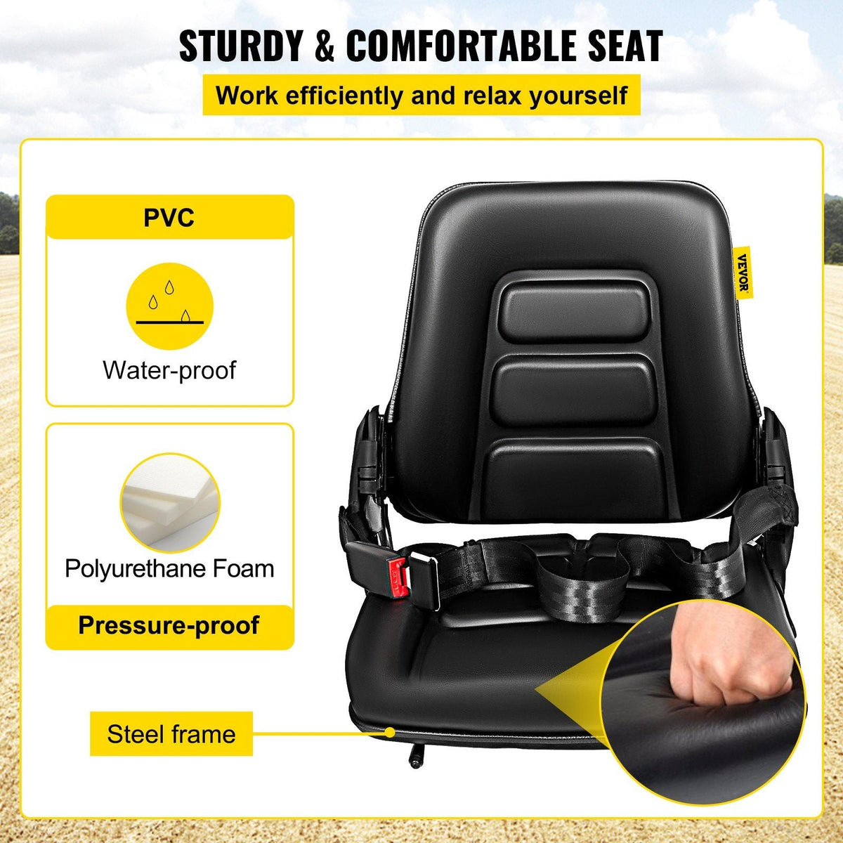 Universal Adjustable Forklift Seat with Safety Belt, Full Suspension Seat Replacement for Heavy Mechanical Seat