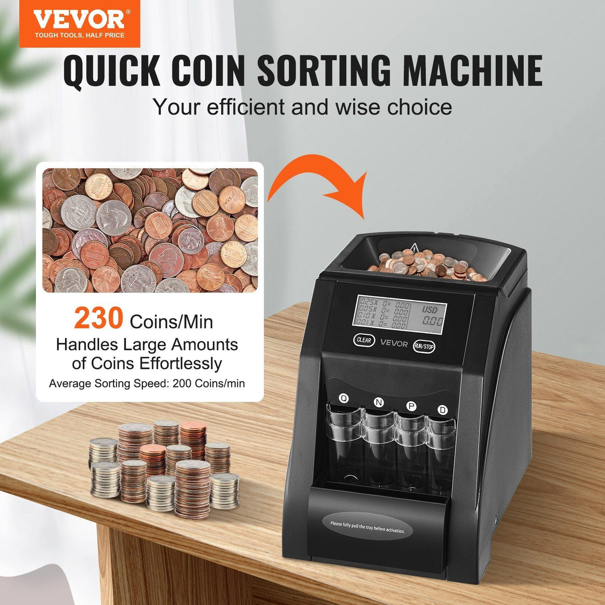 USD Coin Sorter with LCD Screen Display Holds up to 200 Coins 4 Coin Tubes