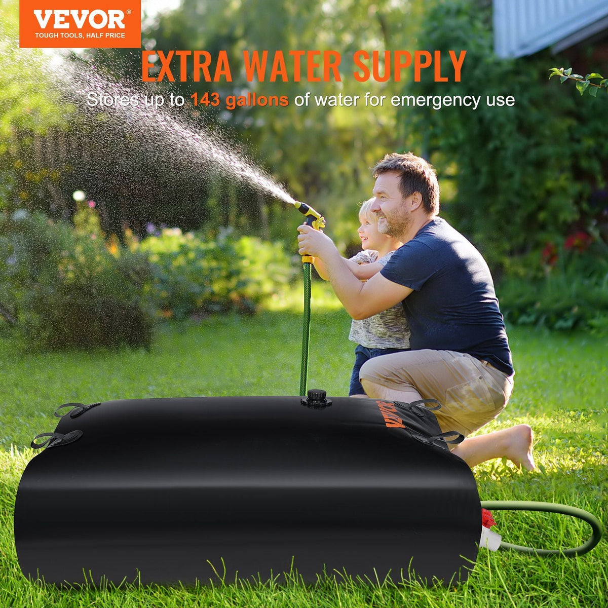 Water Tank Bladder, 143 Gallon Large Capacity, PVC Collapsible Water Bladder Including Spigots and Overflow Kit, Portable Water Storage Bladder for Garden Water Catcher, Black