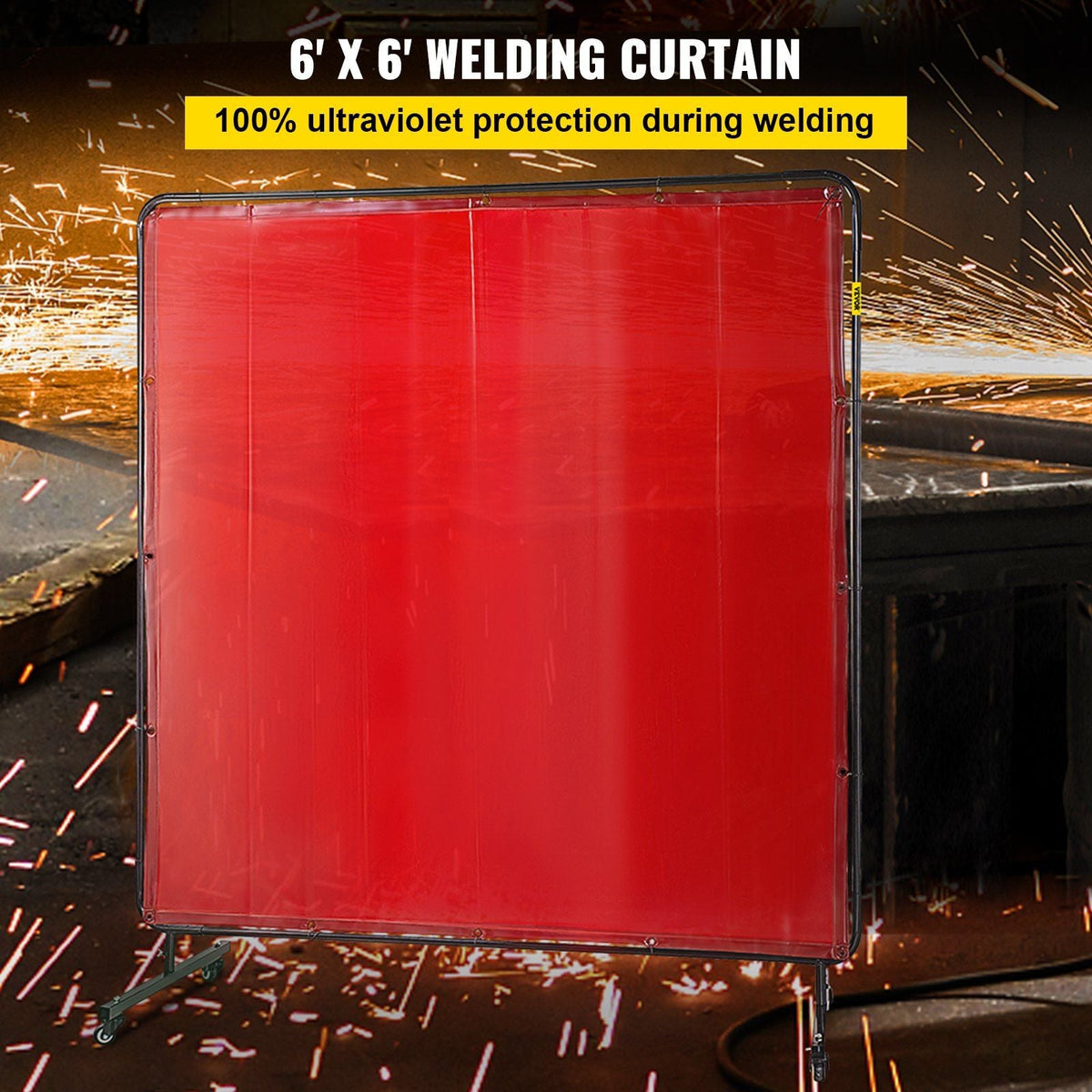 Welding Screen with Frame 6' x 6', Welding Curtain with 4 Wheels, Welding Protection Screen Red Flame-Resistant Vinyl, Portable Light-Proof Professional