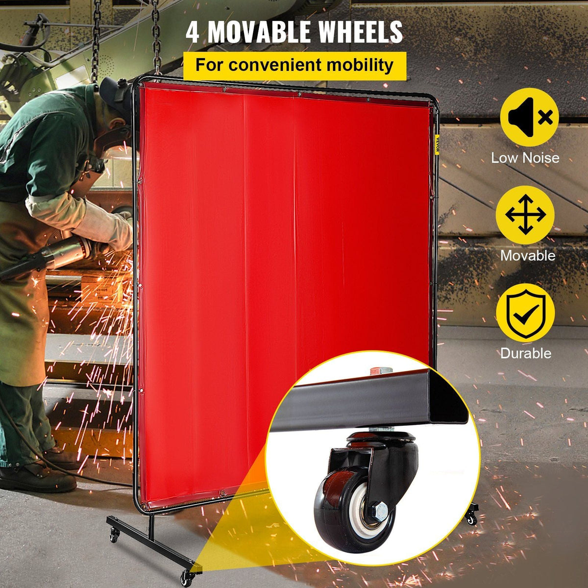 Welding Screen with Frame 6' x 6', Welding Curtain with 4 Wheels, Welding Protection Screen Red Flame-Resistant Vinyl, Portable Light-Proof Professional