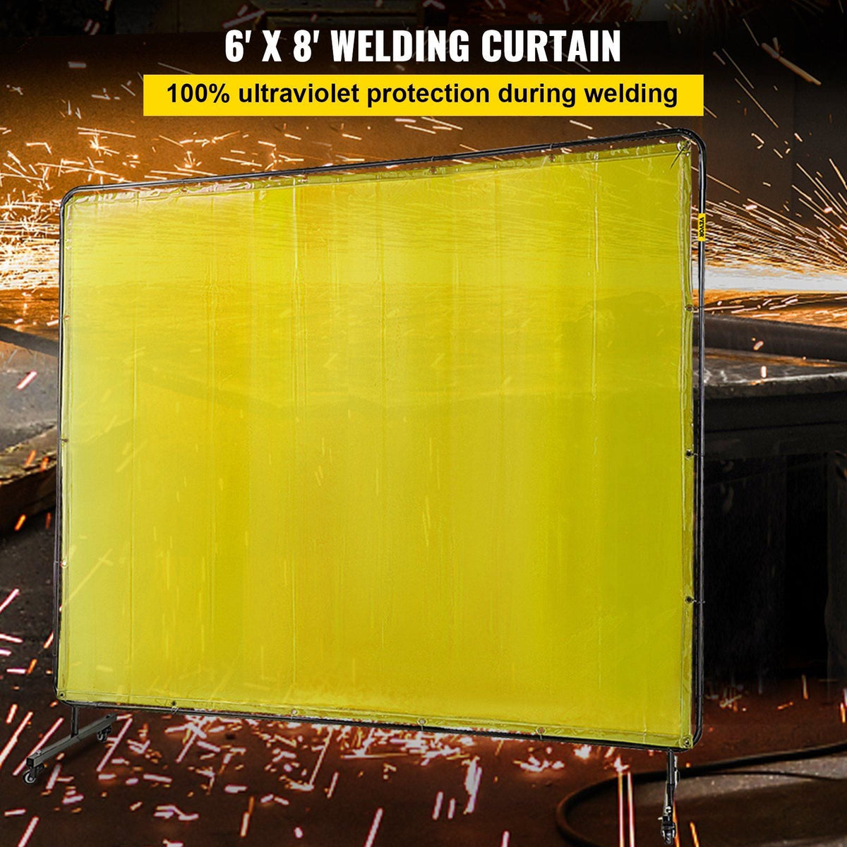 Welding Screen with Frame 8' x 6', Welding Curtain with 4 Wheels, Welding Protection Screen Yellow Flame-Resistant Vinyl, Portable Light-Proof Professional
