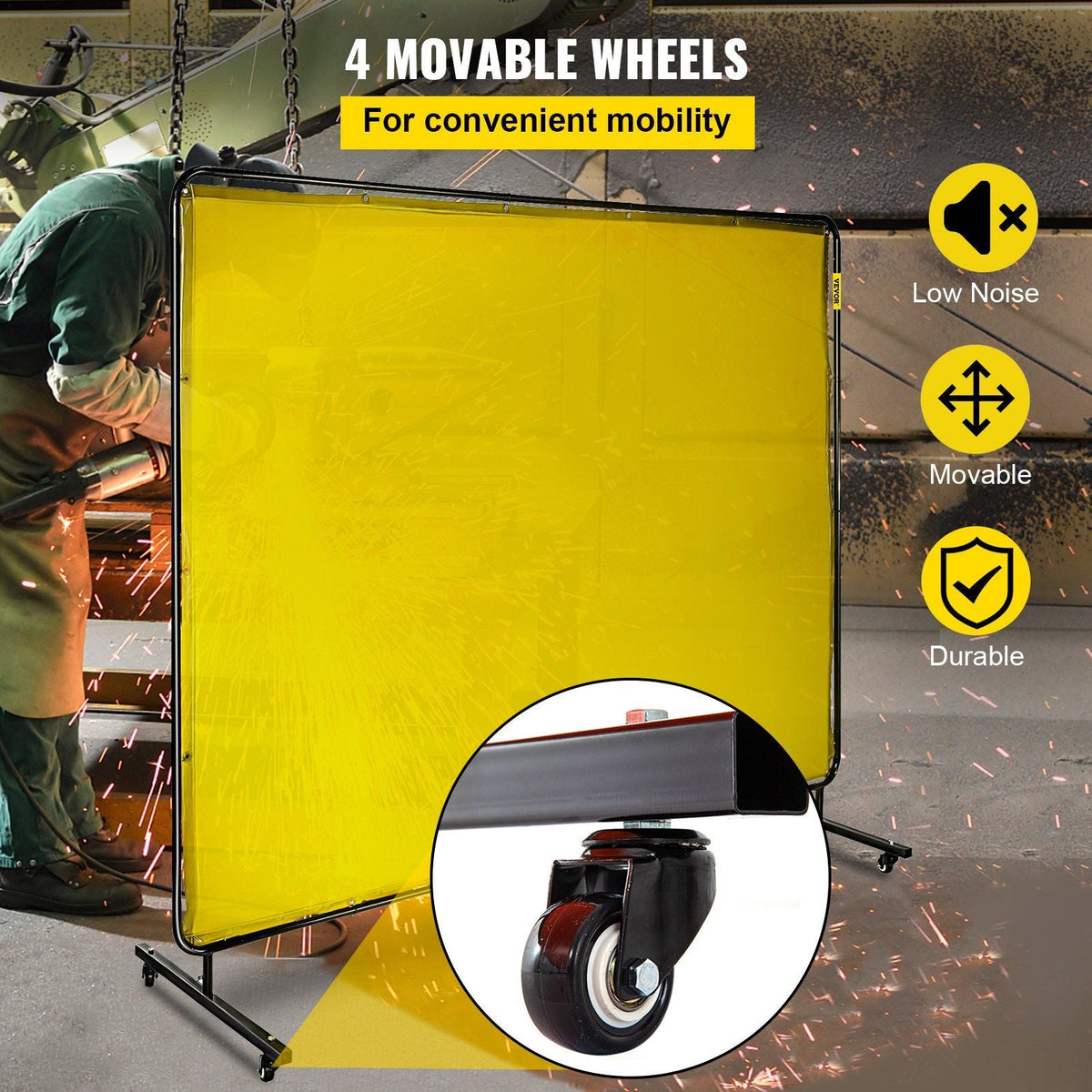 Welding Screen with Frame 8' x 6', Welding Curtain with 4 Wheels, Welding Protection Screen Yellow Flame-Resistant Vinyl, Portable Light-Proof Professional