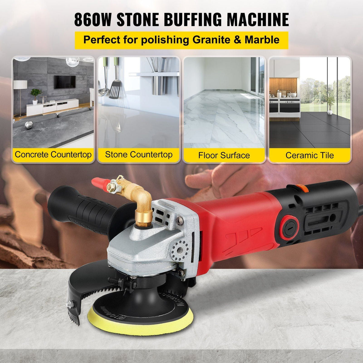 Wet Buffer / Polisher, Variable Speed 8 pcs Kit, Extra 4" & 5" Diamond Polishing Pads , Buffing Machine w 59" Pipe Adapter & Splash Shield, Concrete Stone Tool for Granite/Marble Countertop CE