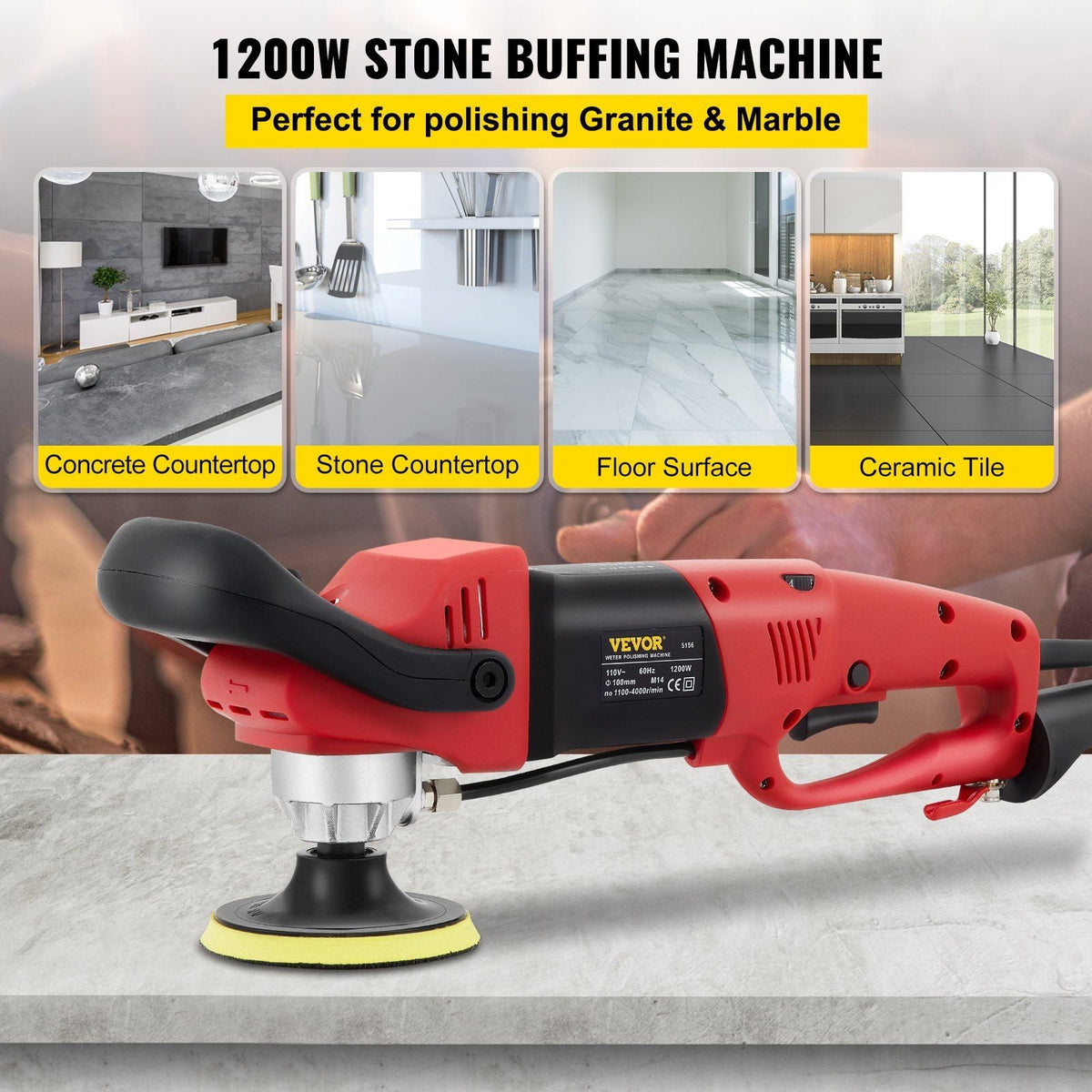 Wet Polisher Grinder, Variable Speed 4" & 5" Diamond Polishing Pads, Buffing Machine with 78.7" Water Pipe Adapter & Splash Shield, Electronic Concrete Stone for Title Floor Countertop CE