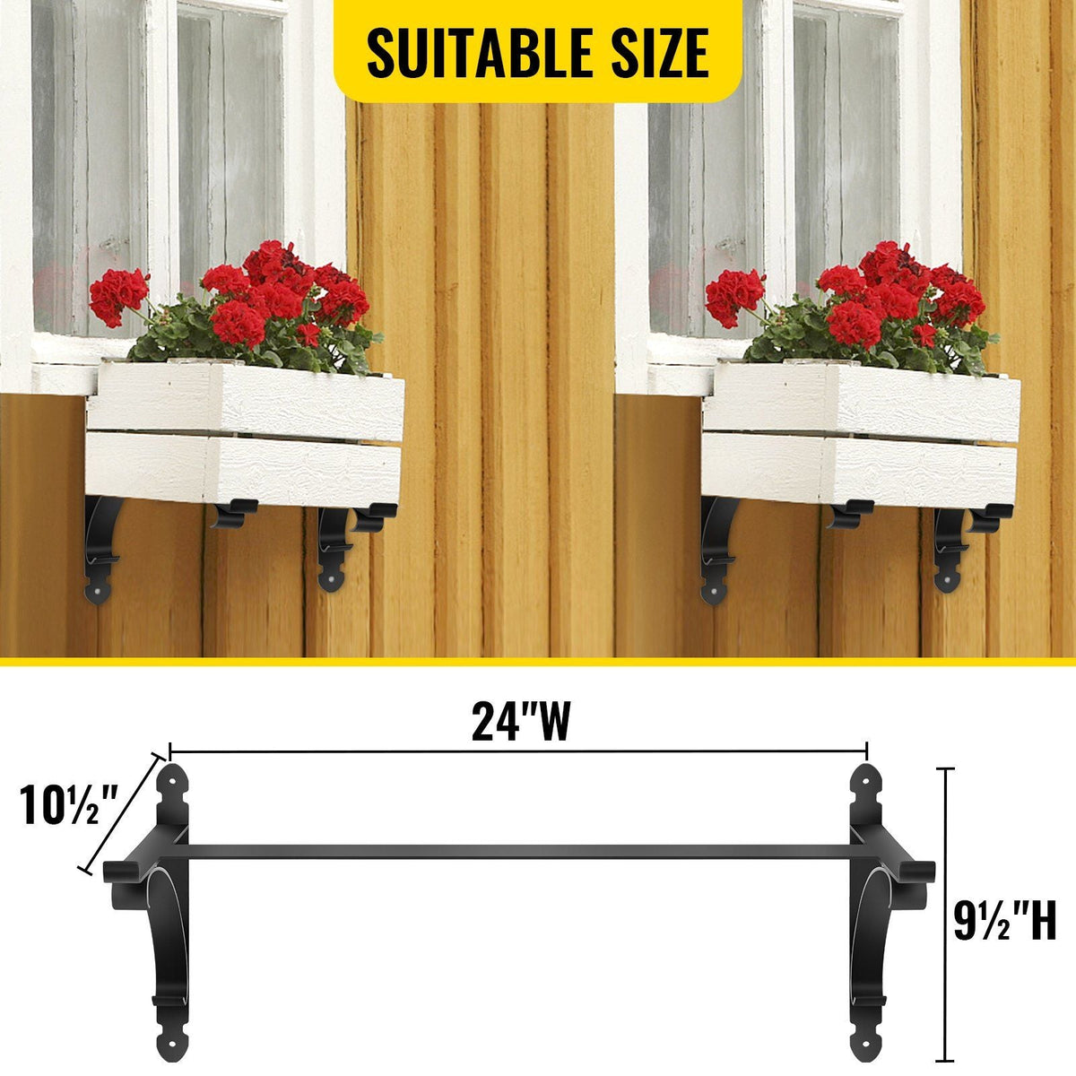 Window Box Brackets 88lbs Planter Box Brackets 24 x 10.5 x 10 in Black Planter Mounting Bracket Iron Material Black Window Box Hanger Bracket for Flower Box Durable Window Box Holder