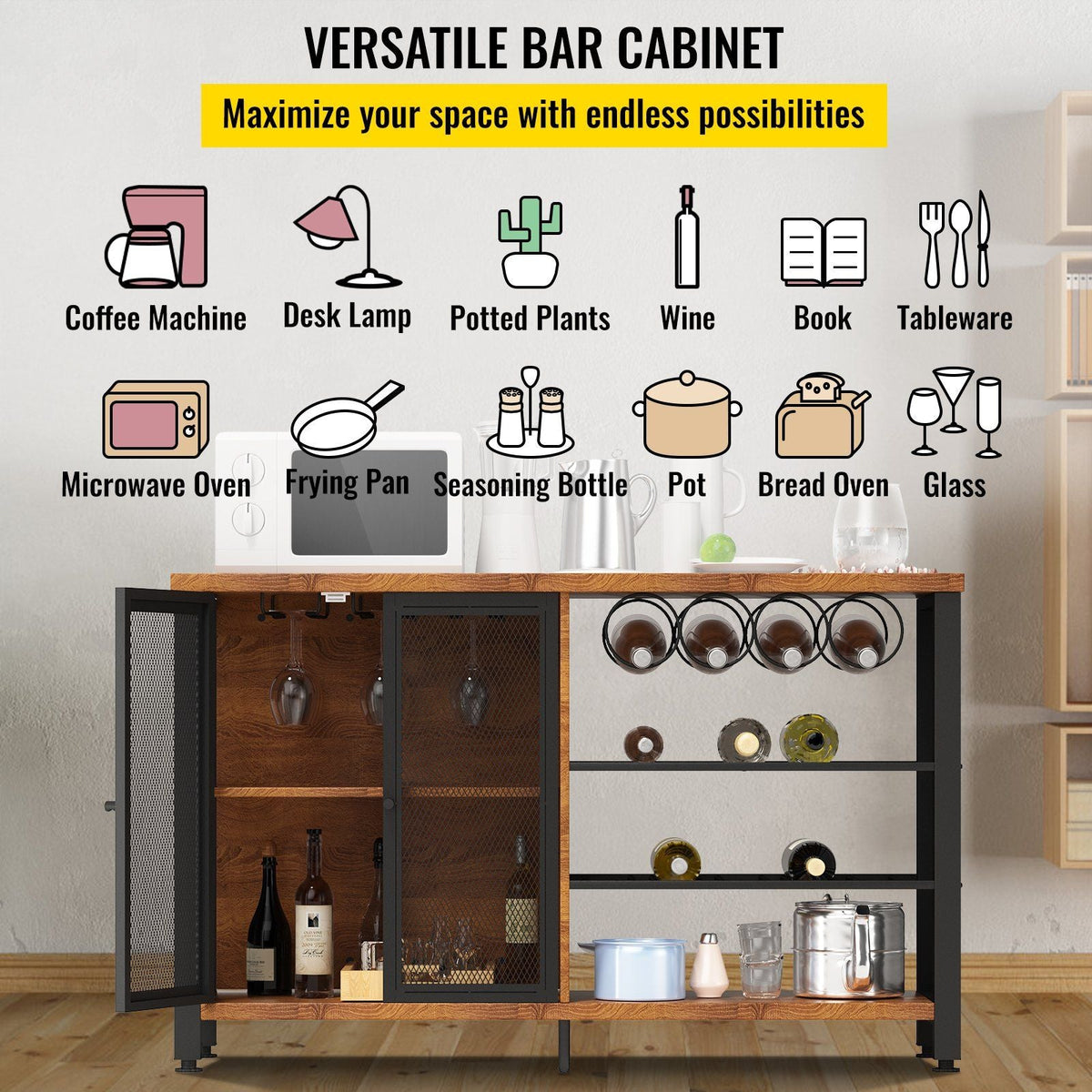 Wine Bar Cabinet with Removable Wine Rack, Wine Table for Liquor with Glass Holder, Wine Rack and Metal Sideboard, Farmhouse Wood Coffee Bar for Living Room, (47 Inch, Rustic Oak)
