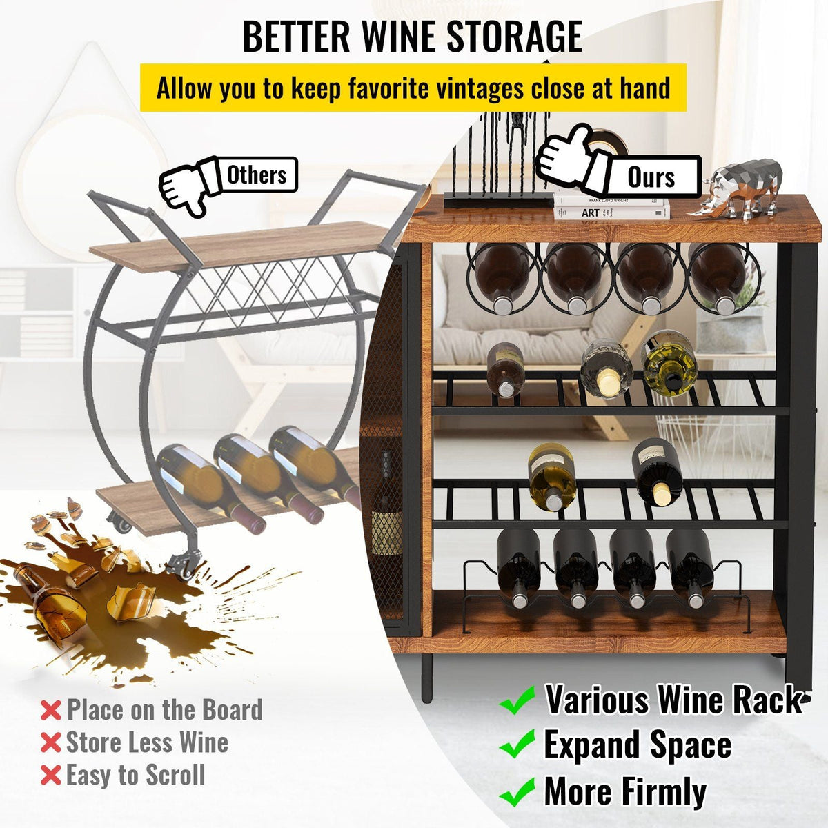 Wine Bar Cabinet with Removable Wine Rack, Wine Table for Liquor with Glass Holder, Wine Rack and Metal Sideboard, Farmhouse Wood Coffee Bar for Living Room, (47 Inch, Rustic Oak)