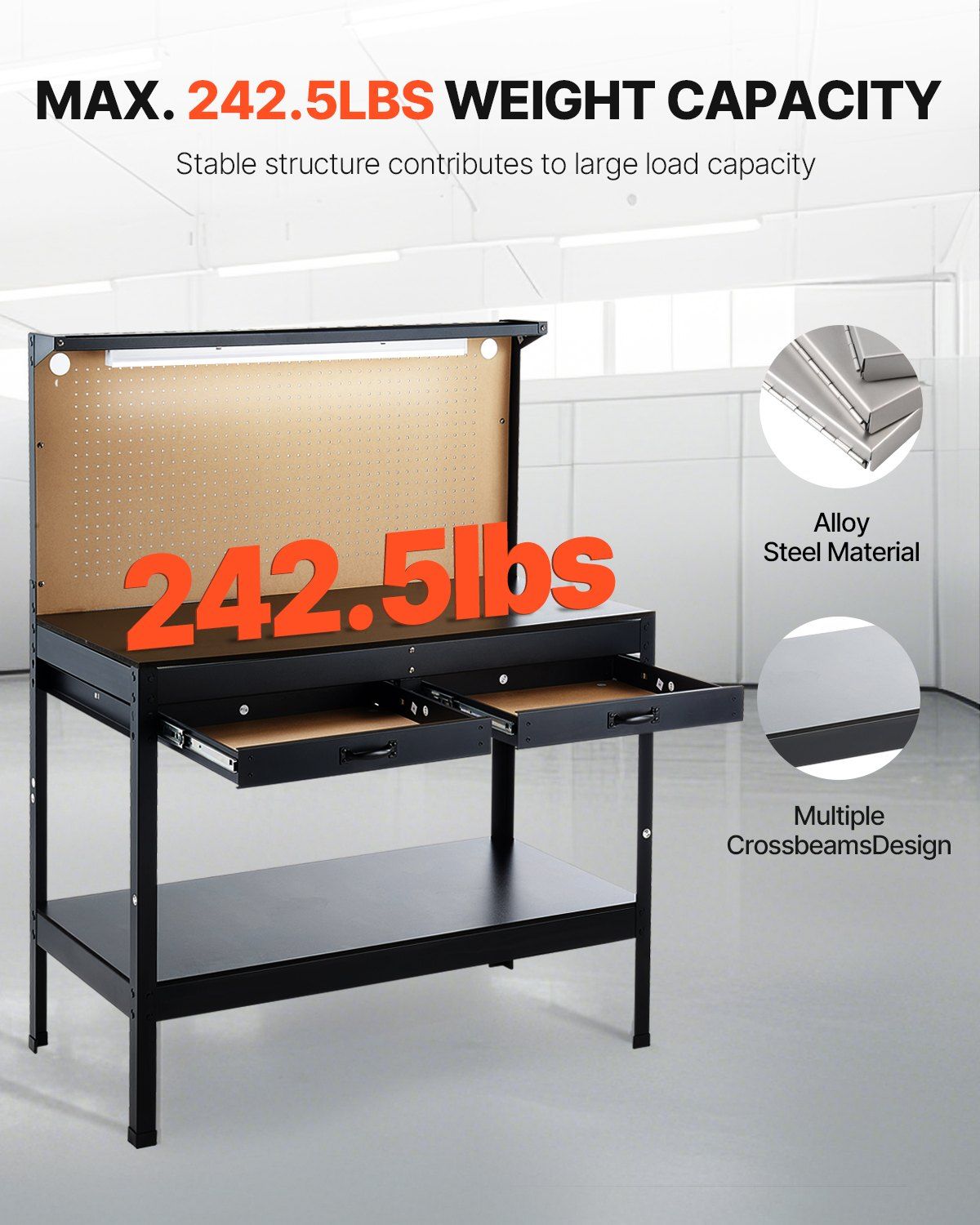 Workbench 242.5 lbs 47.2-inch Heavy Duty Workbench with Pegboard Outlets