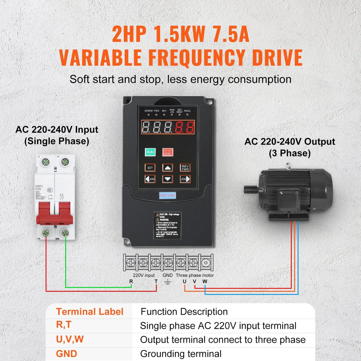 VFD 2HP, 1.5KW, 7.5A, 1 or 3 Phase 220V Input to 3 Phase 220V Output Variable Frequency Drive, 40-60Hz Input, 0-400Hz Output VFD for Spindle Motor CNC Speed Control