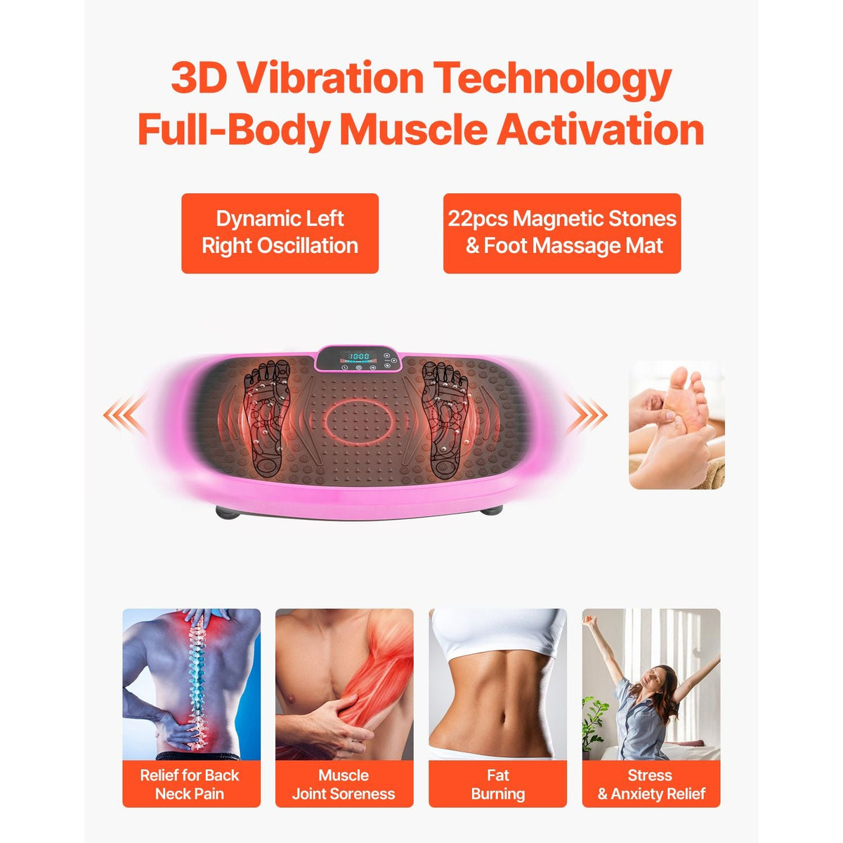 Vibration Plate Exercise Machine, Full Body Shaker with Magnetic Acupoints for Lymphatic Drainage and Weight Loss, Home Gym Workout Fitness Equipment with 2 Resistance Bands for Women Men, Pink