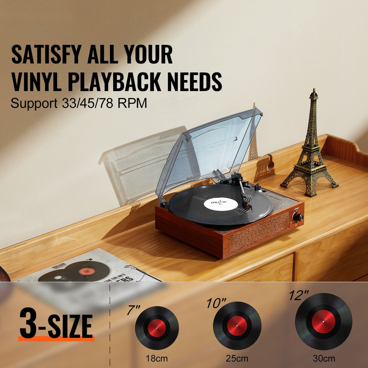 Vinyl Record Player, 3-Speed, Belt Driven Turntable Player with Built-in 5W Stereo Speakers Magnetic Cartridge, Support 33/45/78 RPM Bluetooth Aux in RCA Output, for 7/10 /12 in Vinyl Records