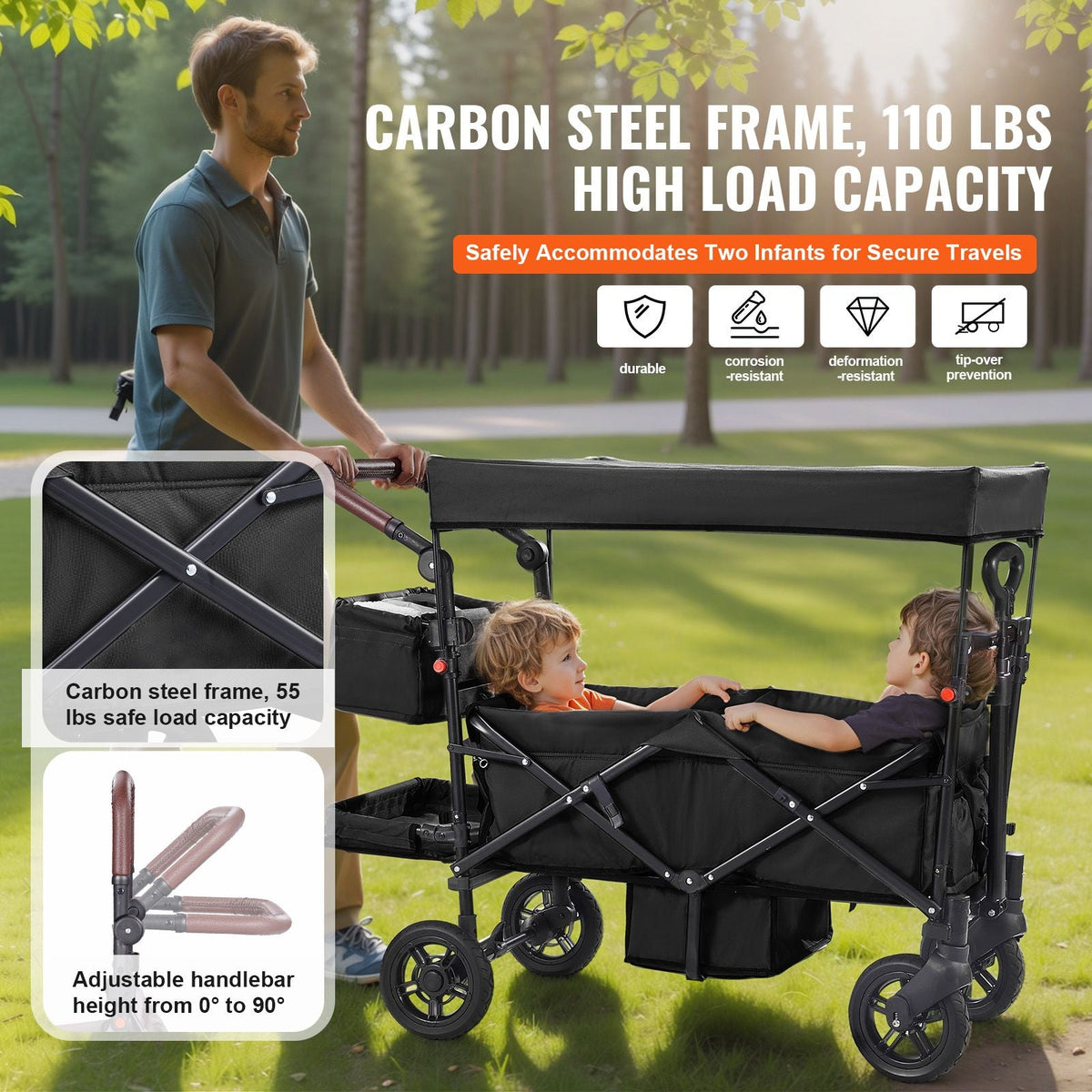 Wagon Stroller for 2 Kids, Push Pull Quad Collapsible Stroller with Adjustable Handle, Encircling Harness Removable Canopy, 4 Wheels with Brakes, Mutifunction Tandem Stroller for Camping Black