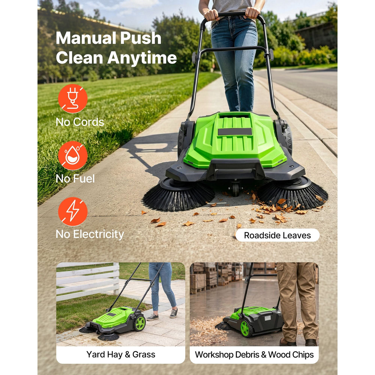 Walk-Behind Hand Push Floor Sweeper, Manual Floor Sweeper Non-Electric with 25.6" Sweeping Width, 5 Gallons Waste Container & Adjustable Folding Handle for Yards Walkways Patios Garages - Green