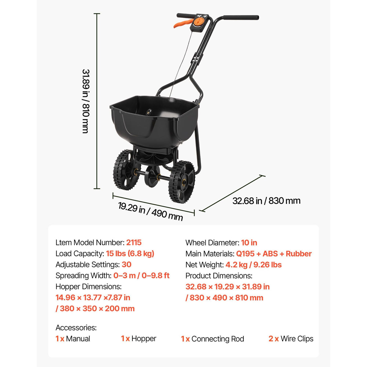 Walk-Behind Spreader, 9.8ft Spreading Width, Push Broadcast Spreader with 10" All-Terrain Tires, Adjustable Flow Control, 15lbs Capacity Hopper, Lawn Spreaders for Fertilizer Seed Small Home Use