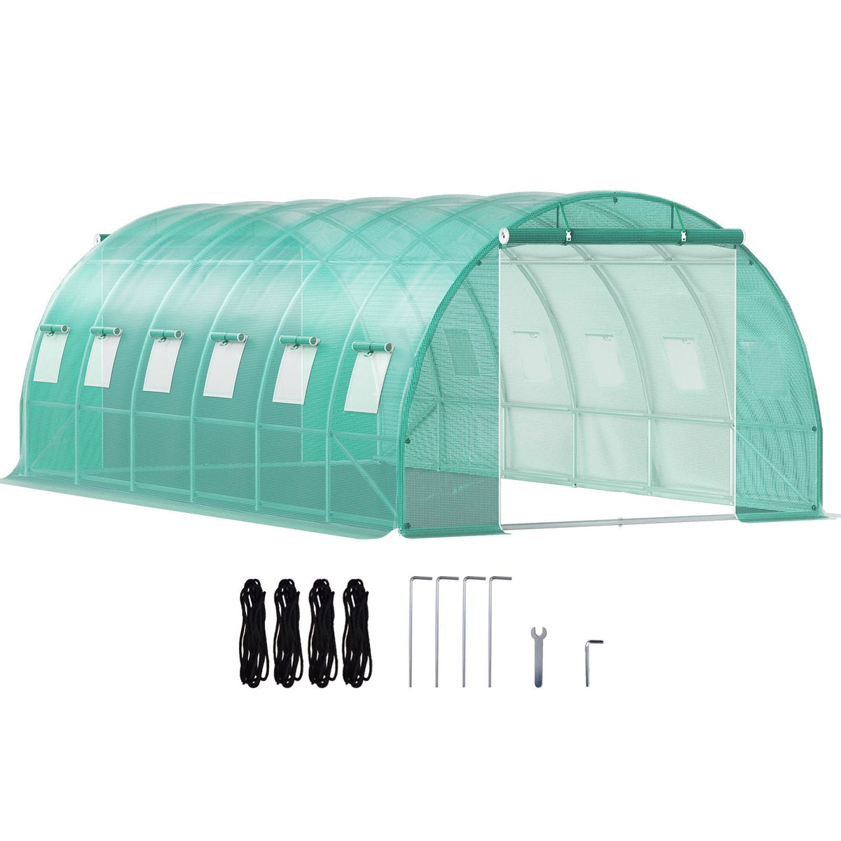 Walk-in Tunnel Greenhouse, 20 x 10 x 7 ft Portable Plant Hot House with Galvanized Steel Hoops, 3 Top Beams, Diagonal Poles, 2 Zippered Doors & 12 Roll-up Windows, Green
