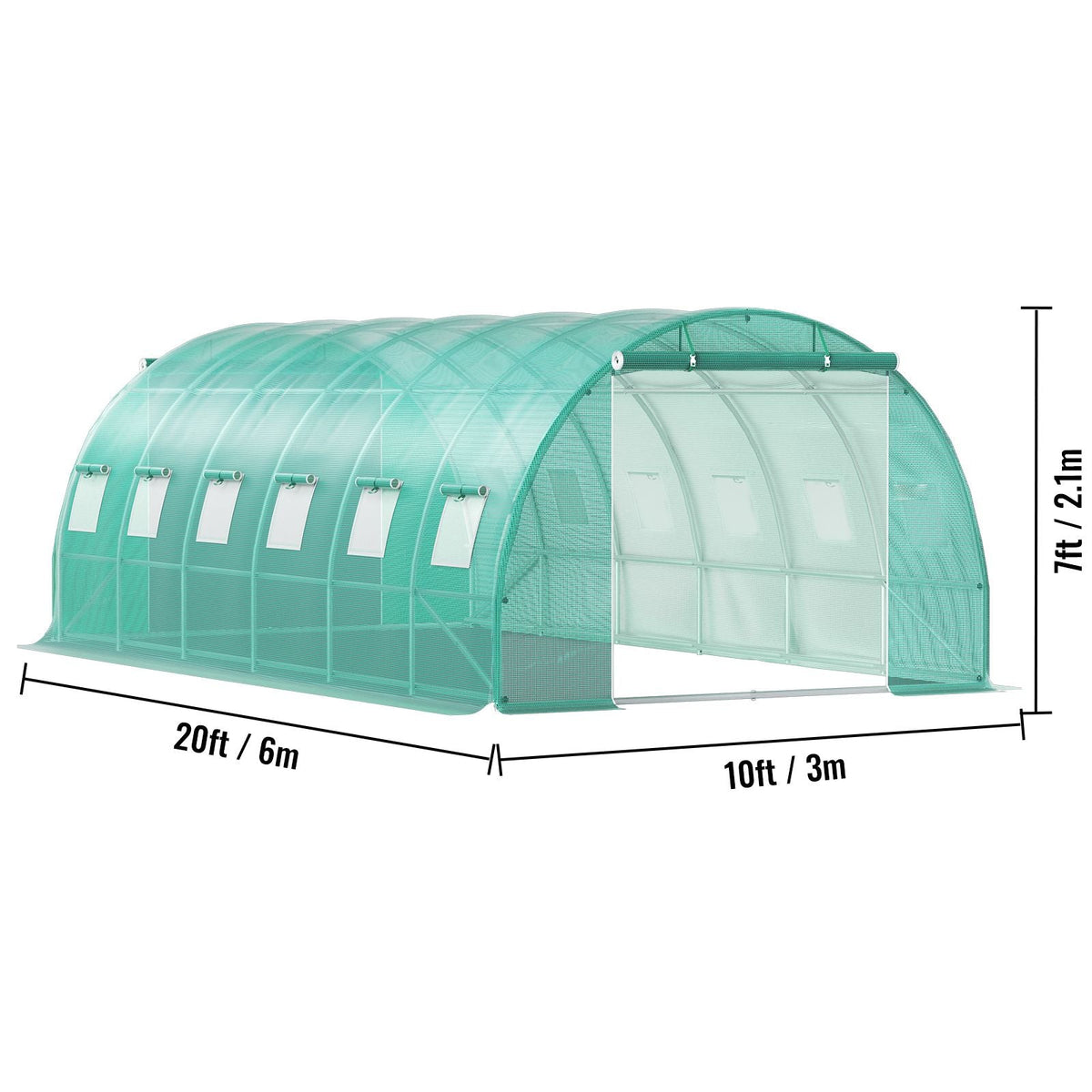 Walk-in Tunnel Greenhouse, 20 x 10 x 7 ft Portable Plant Hot House with Galvanized Steel Hoops, 3 Top Beams, Diagonal Poles, 2 Zippered Doors & 12 Roll-up Windows, Green
