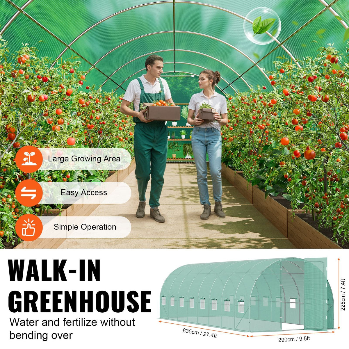 Walk-in Tunnel Greenhouse, 27.4x9.5x7.4 ft Hoop House Greenhouse Tunnel, Plant Hot House with Galvanized Steel Frame, Green PE Cover, Swing Door and 16 Roll-up Windows for Outdoor