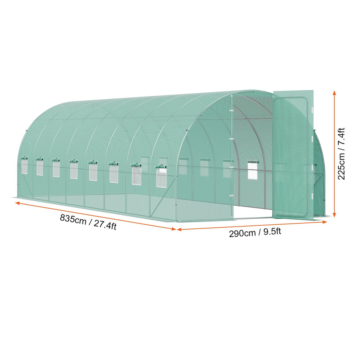 Walk-in Tunnel Greenhouse, 27.4x9.5x7.4 ft Hoop House Greenhouse Tunnel, Plant Hot House with Galvanized Steel Frame, Green PE Cover, Swing Door and 16 Roll-up Windows for Outdoor