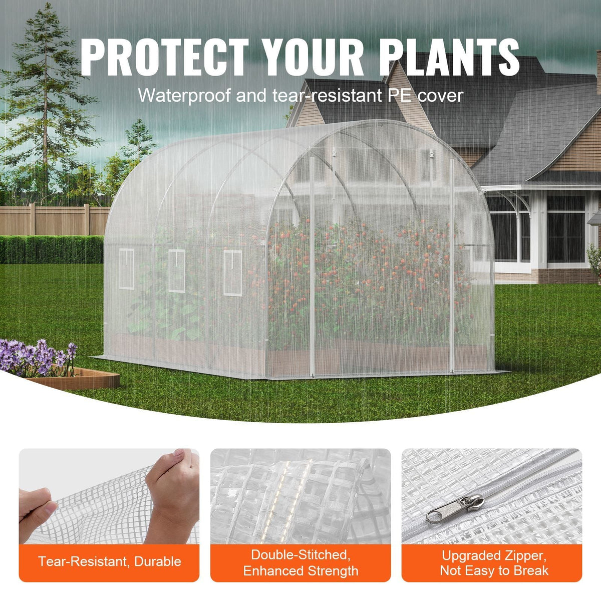 Walk-in Tunnel Greenhouse, 9.6x6.4x6.2 ft Hoop House Greenhouse Tunnel, Plant Hot House with Galvanized Steel Frame, White PE Cover, Roll-up Zipper Door and 6 Windows for Outdoor