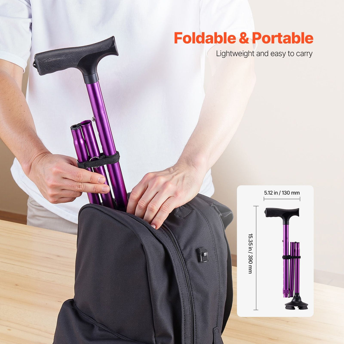 Walking Cane Folding Walking Stick with 8-Level Height & 4-Pronged Pivoting Base