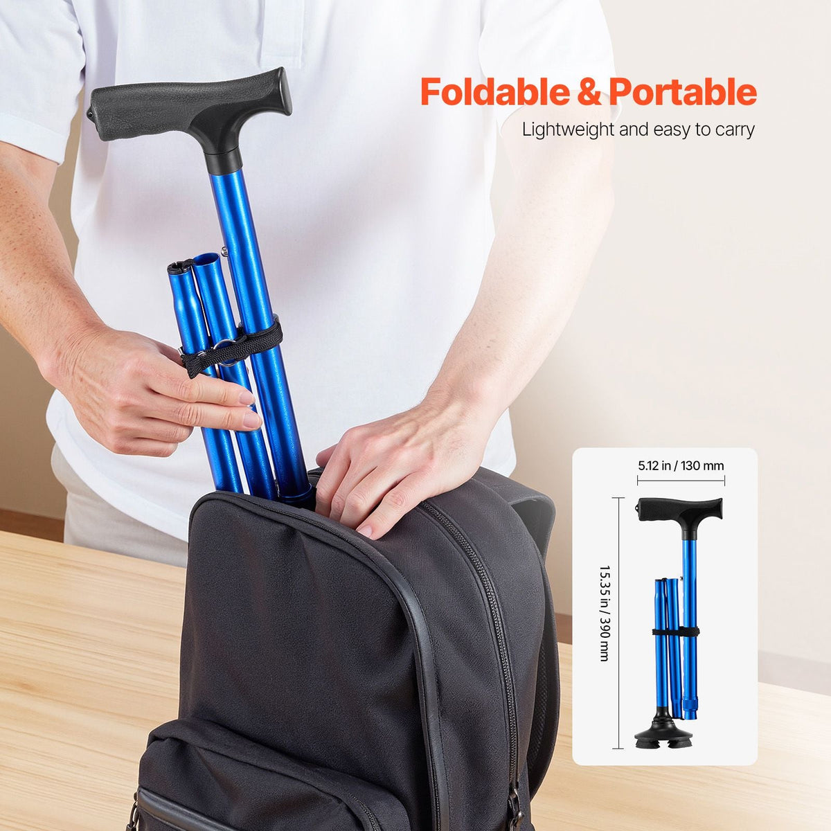 Walking Cane for Man Woman, Folding Walking Stick with 8-Level Adjustable Height and 4-Pronged Pivoting Base, Lightweight & Portable Aluminum Mobility Aid for Senior Adult, 250LBS Loading (Blue)