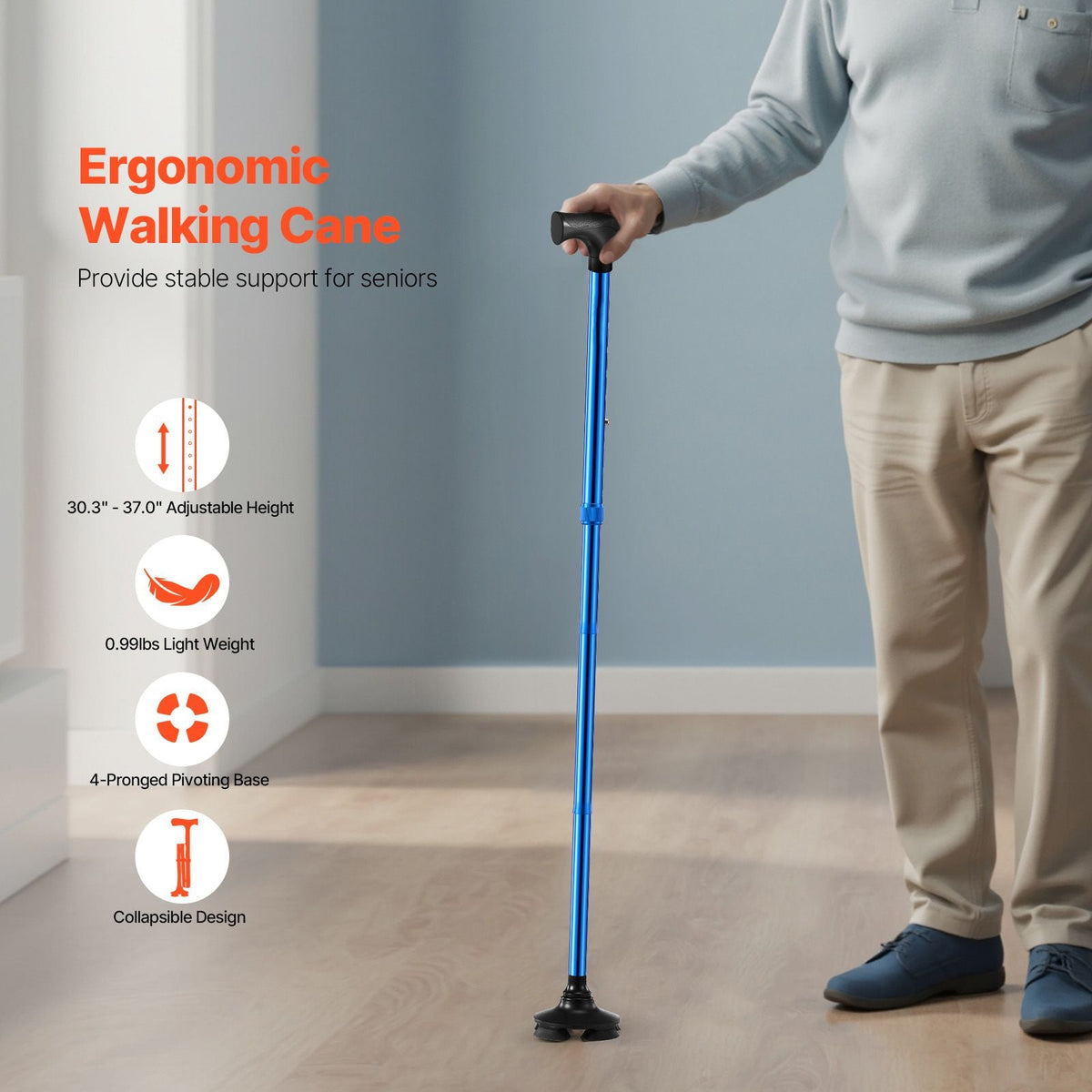 Walking Cane for Man Woman, Folding Walking Stick with 8-Level Adjustable Height and 4-Pronged Pivoting Base, Lightweight & Portable Aluminum Mobility Aid for Senior Adult, 250LBS Loading (Blue)