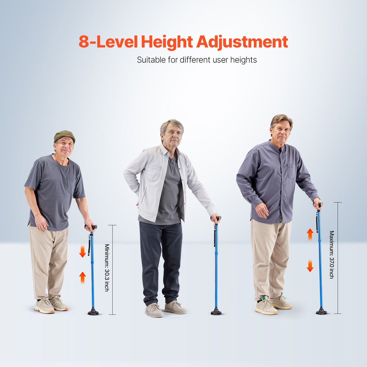 Walking Cane for Man Woman, Folding Walking Stick with 8-Level Adjustable Height and 4-Pronged Pivoting Base, Lightweight & Portable Aluminum Mobility Aid for Senior Adult, 250LBS Loading (Blue)