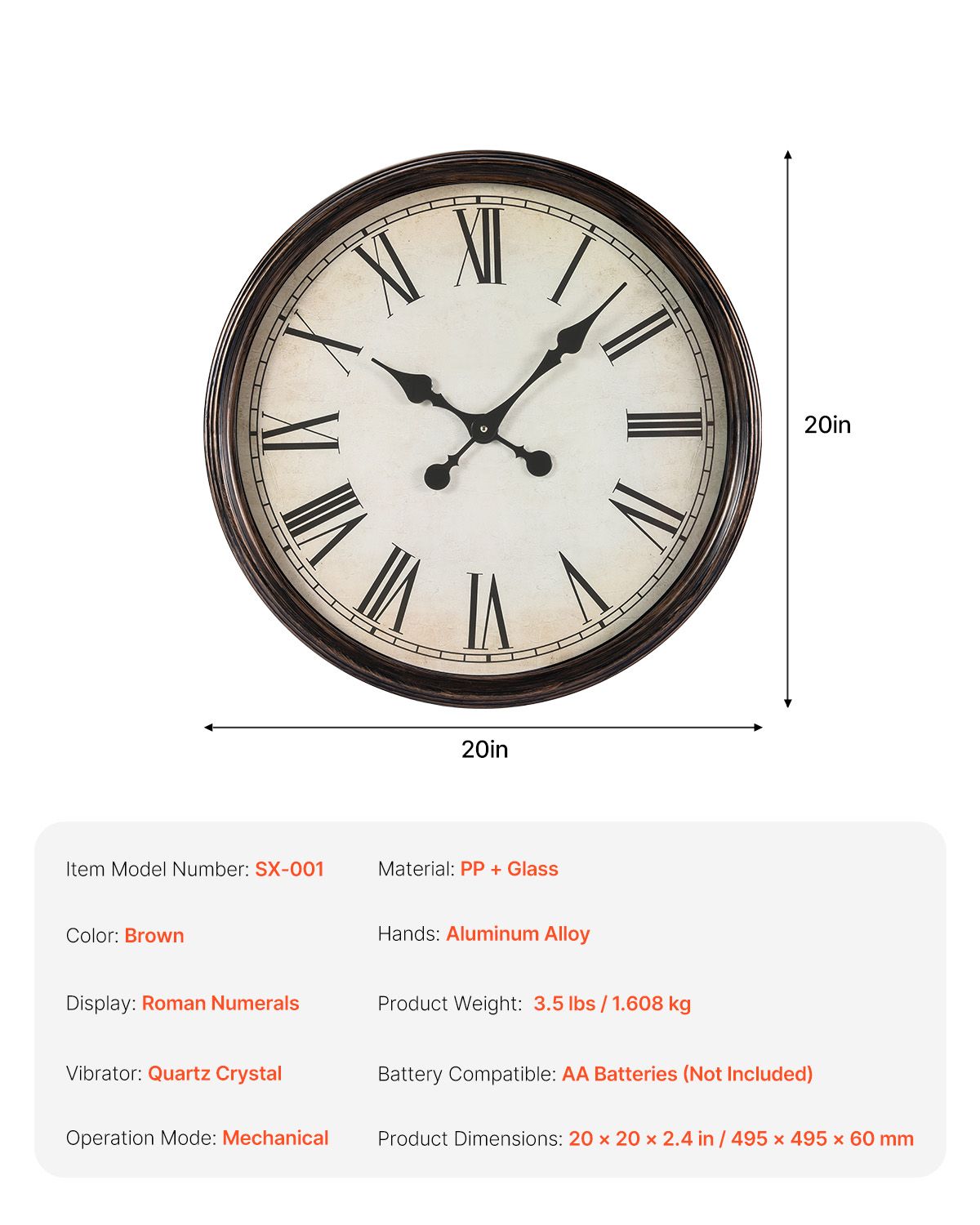 Wall Clock, 20 in Wall Clock Roman Numerals, Battery Operated Non Ticking Silent Classic Decorative Round Clocks, for Living Room Bedroom Office Kitchen Dining Room Home Decor Farmhouse, Brown