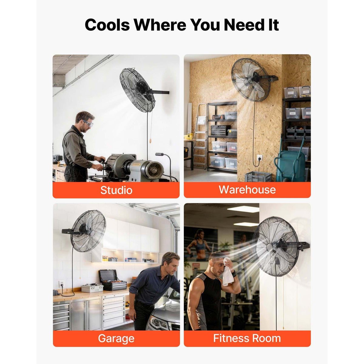 Wall Mount Fan, 18 in Wall Mounted Hanging Fan, 3-Speed, Long Airflow Distance, Adjustable Rotation Angle, Mechanical Control, Powerful for Industry, Commercial, Garage, Workshop, Gym, 2 Pack