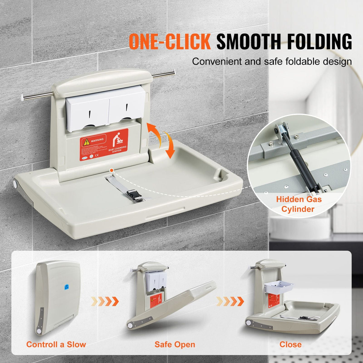 Wall-Mounted Baby Changing Station, Horizontal Foldable Diaper Change Table with Safety Straps and Hanging Rods, Use in Commercial Bathrooms, Daycare Centers for Newborns & Infant