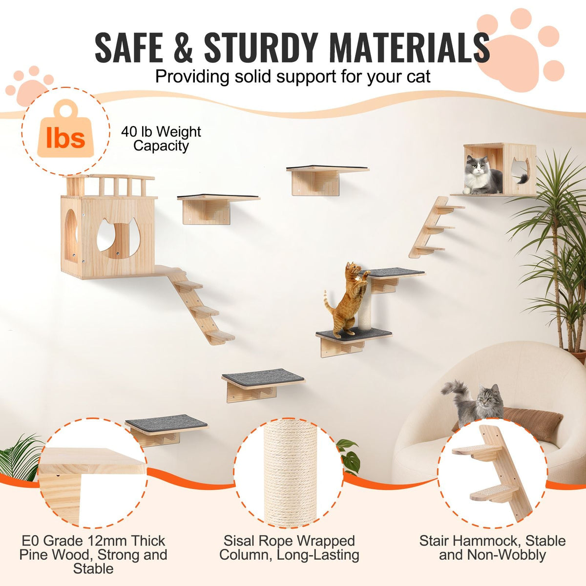 Wall Mounted Cat Shelves, Cat Wall Shelves and Perches with Jumping Boards, Cat Beds, Hammocks & Cat Tree, Cat Furniture and Shelves up to 40 lbs for Sleeping, Playing, Climbing, Set of 9